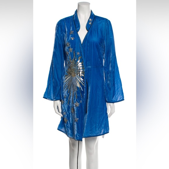 NWT RIXO London RARE Blue Iris silver gold sequin Embellished Velvet Wrap Dress - Picture 3 of 13